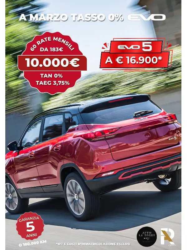 slider mobile Marzo con EVO 5: Tua a € 16.900 con Tasso 0% e 5 Anni di Garanzia