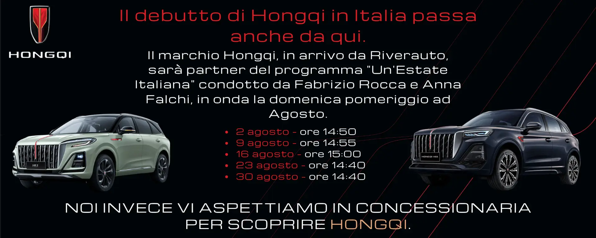 slider desktop Hongqi in TV su Rai 1: Gli appuntamenti di Agosto
