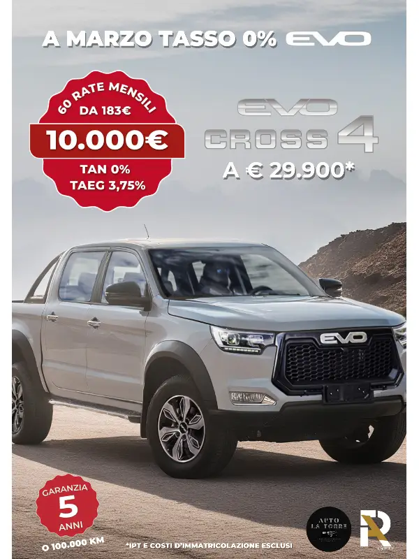 slider mobile Offerta Marzo EVO Cross 4: Prezzo €29.900 e Finanziamento Tasso 0%