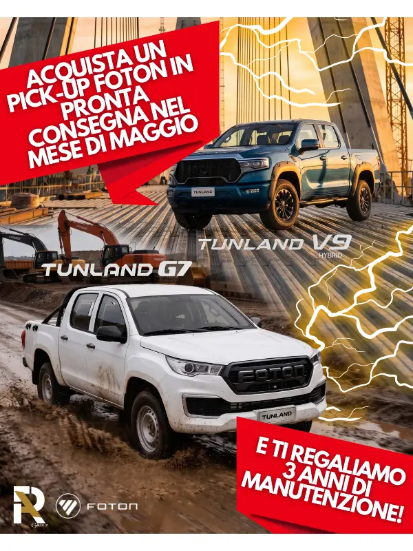 slider mobile Foton: Acquista il tuo nuovo Pick-Up in pronta consegna e ricevi 3 anni di manutenzione in omaggio da Riverauto Group!